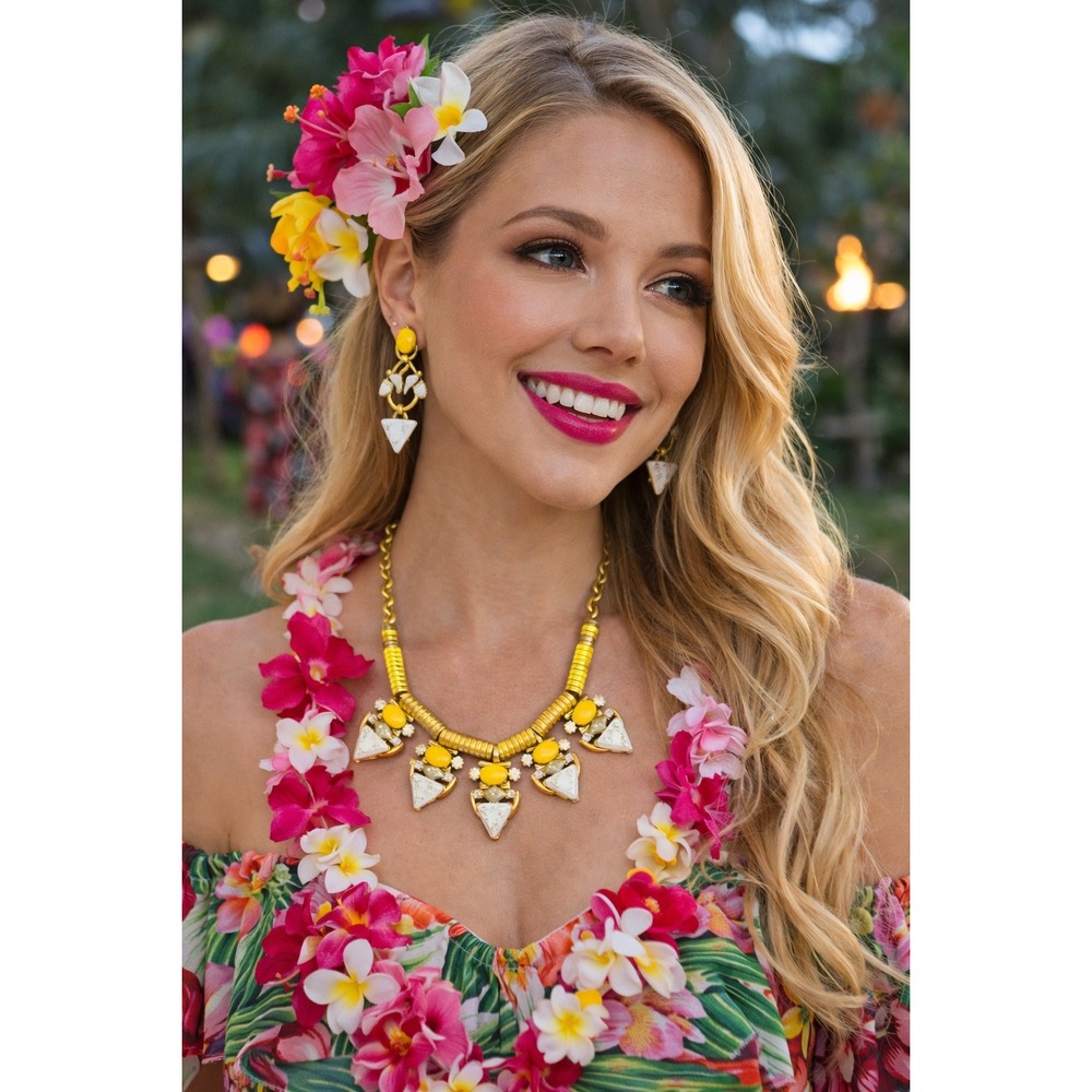 Stella and Dot Yellow and White Geometric Necklace and Drop Earrings Jewelry Set